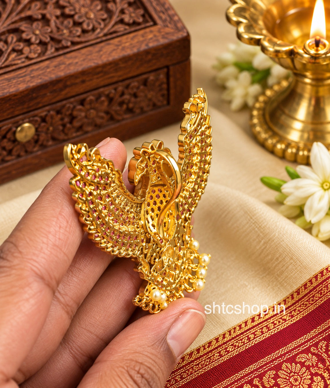 Matte Finish Gandaberunda Kempu Stone Pendant with Pearl Drops – Traditional Temple Jewellery - SHTC1924