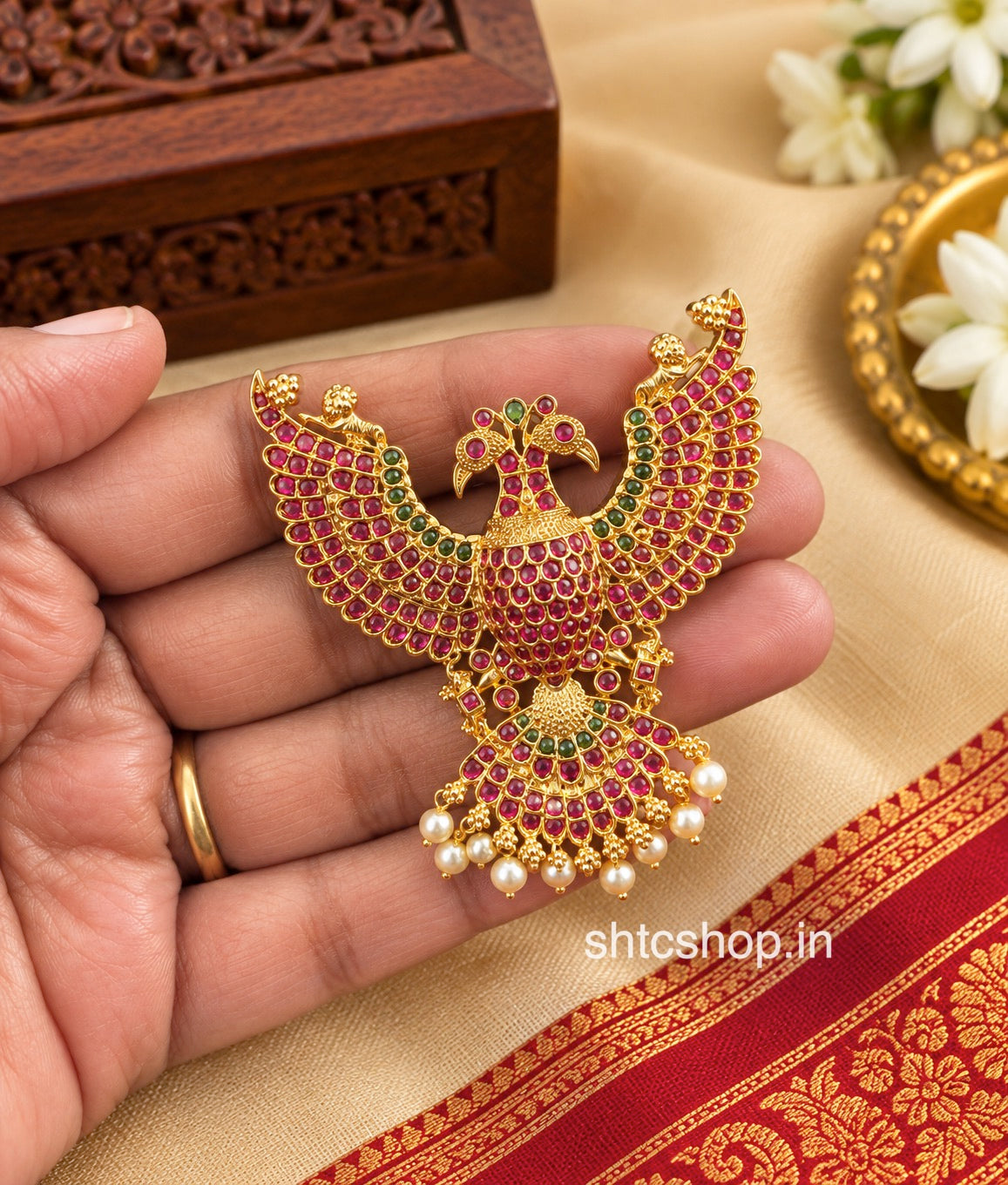 Matte Finish Gandaberunda Kempu Stone Pendant with Pearl Drops – Traditional Temple Jewellery - SHTC1924