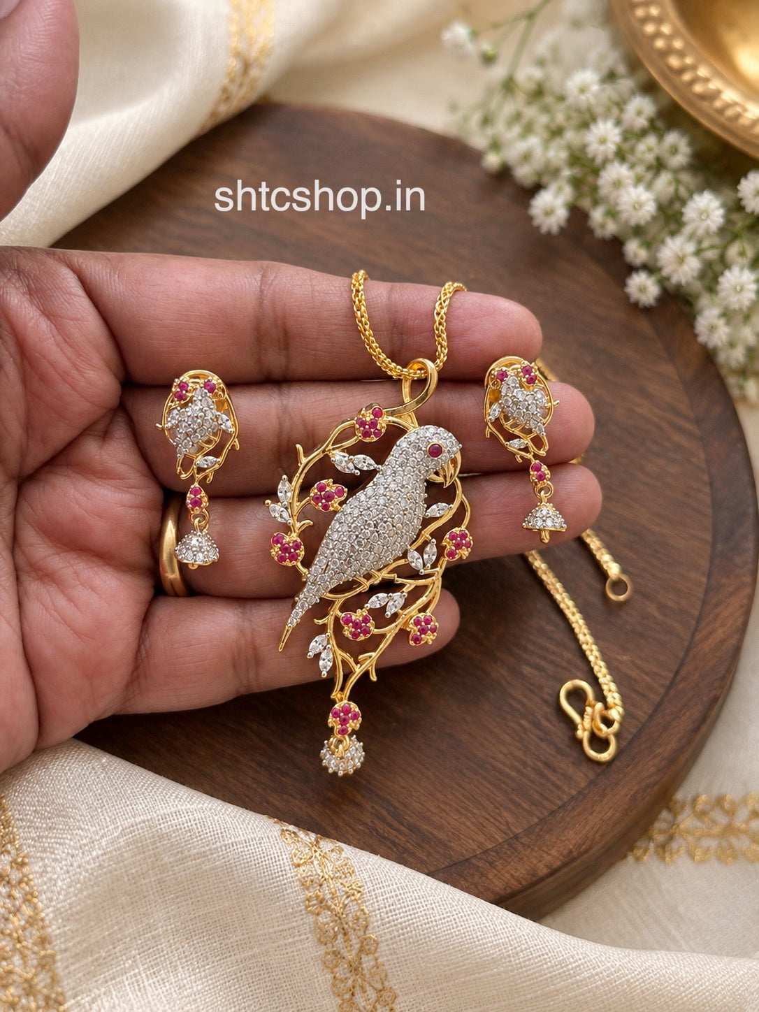 Premium CZ Parrot Pendant Necklace with Matching Earrings – Green & Pink Stone Variants - SHTC1925
