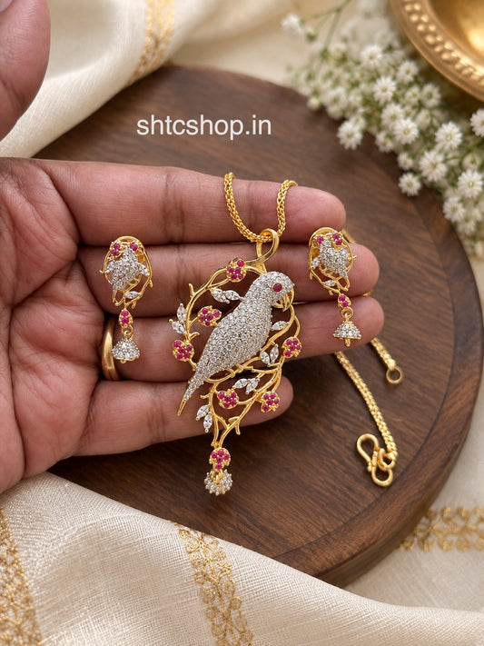 Premium CZ Parrot Pendant Necklace with Matching Earrings – Green & Pink Stone Variants - SHTC1925