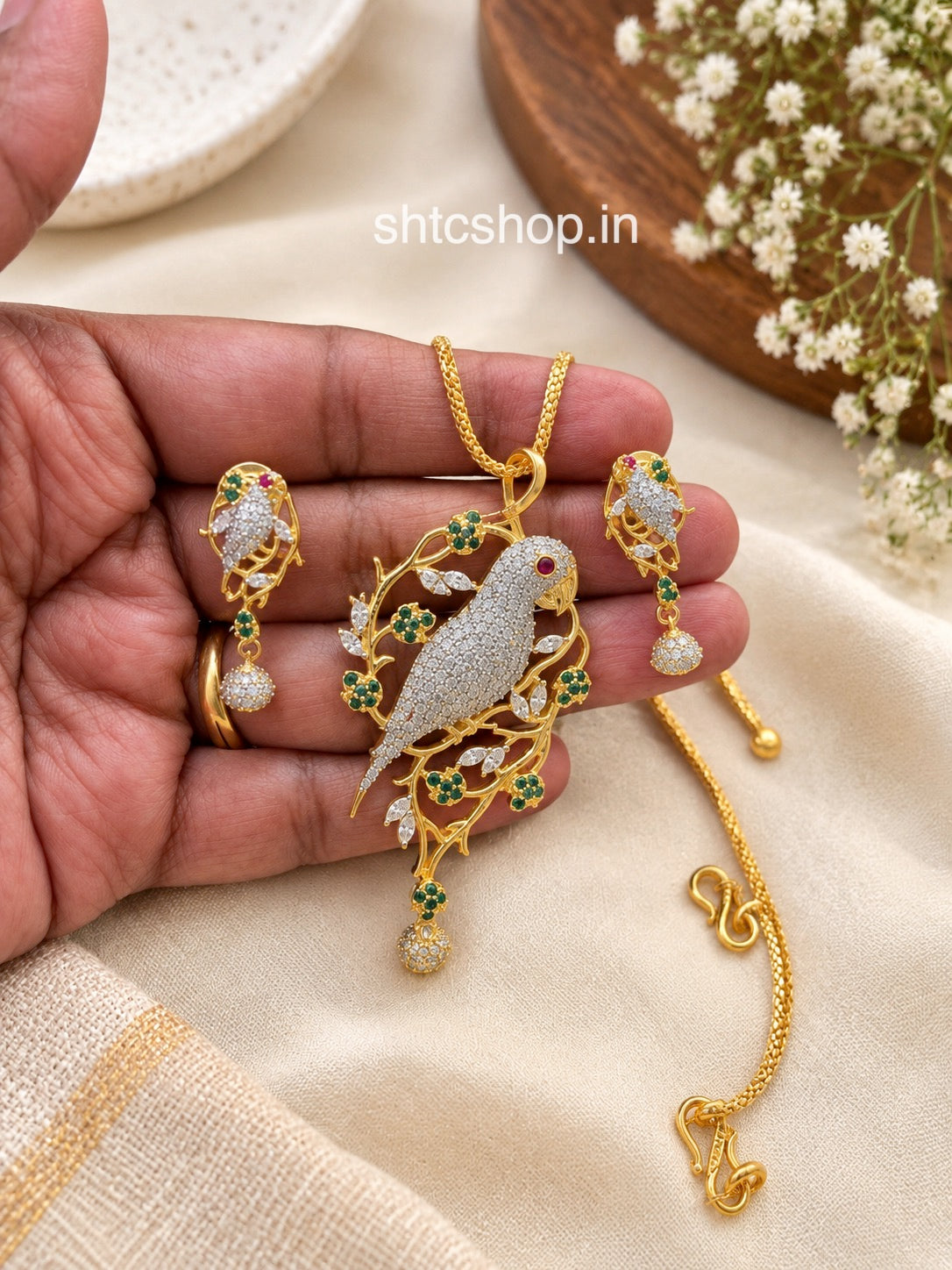 Premium CZ Parrot Pendant Necklace with Matching Earrings – Green & Pink Stone Variants - SHTC1925