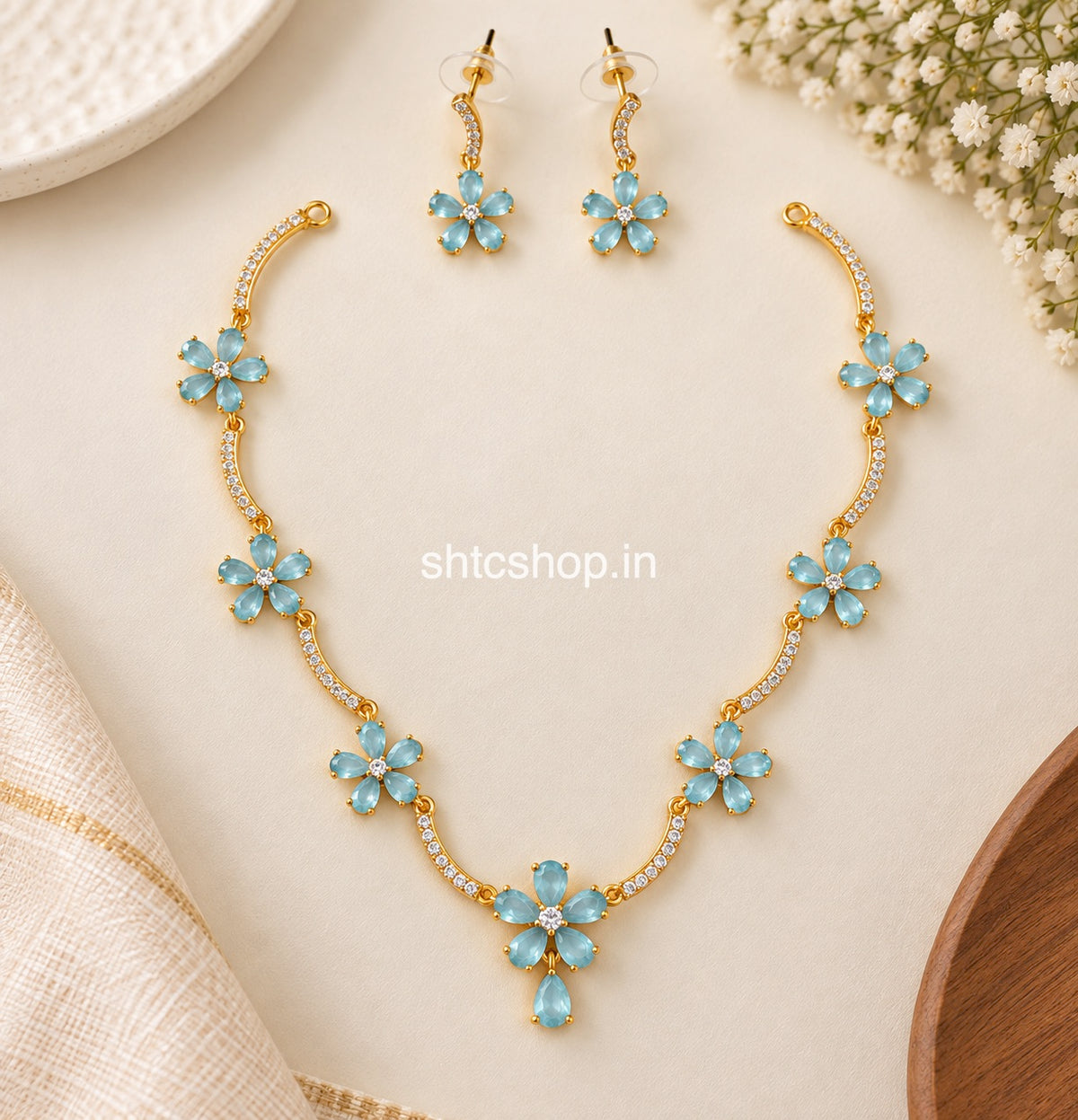 Premium Matte Finish Floral CZ Necklace Set with Matching Earrings – Multicolour Variants - SHTC1926