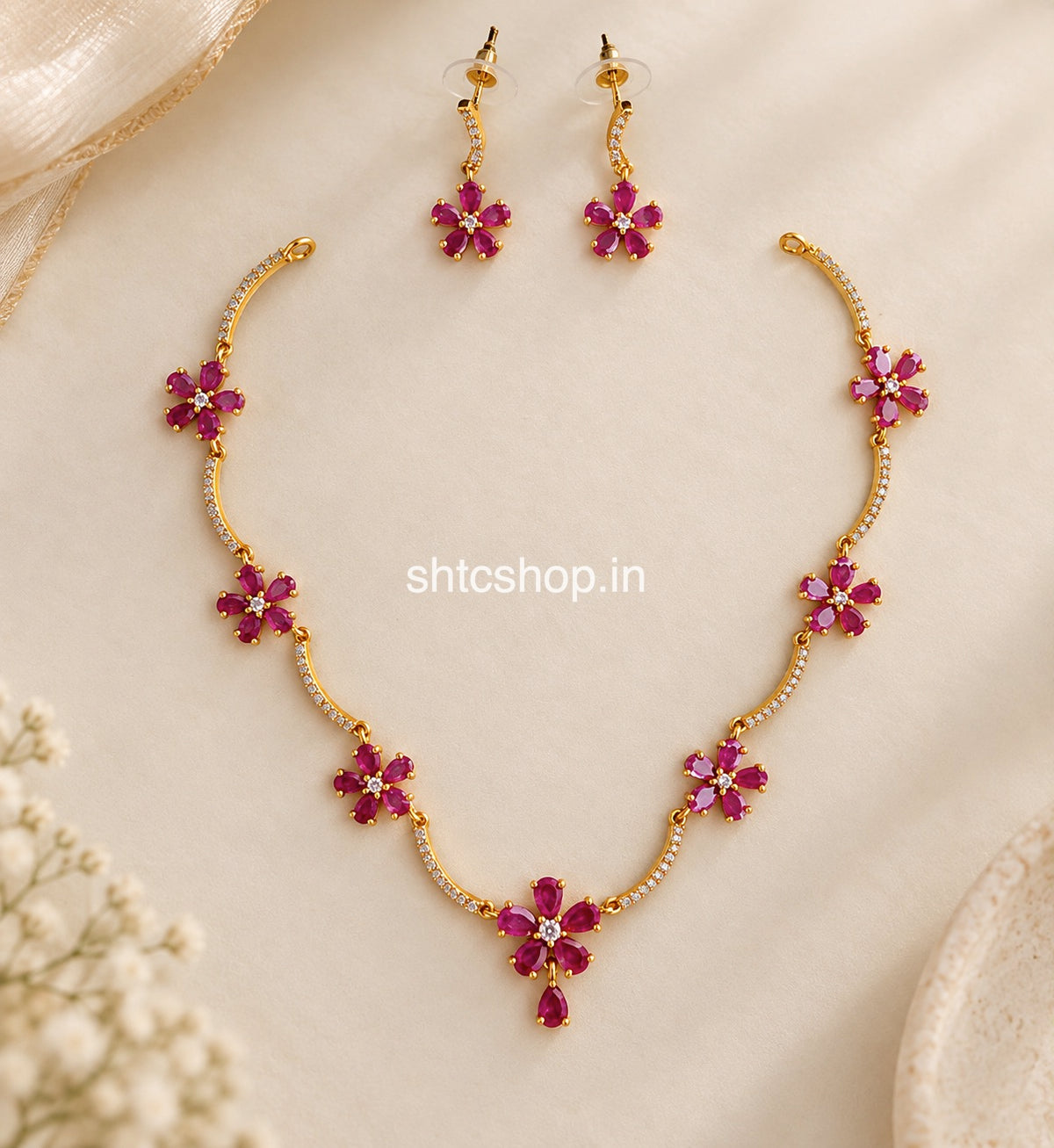 Premium Matte Finish Floral CZ Necklace Set with Matching Earrings – Multicolour Variants - SHTC1926