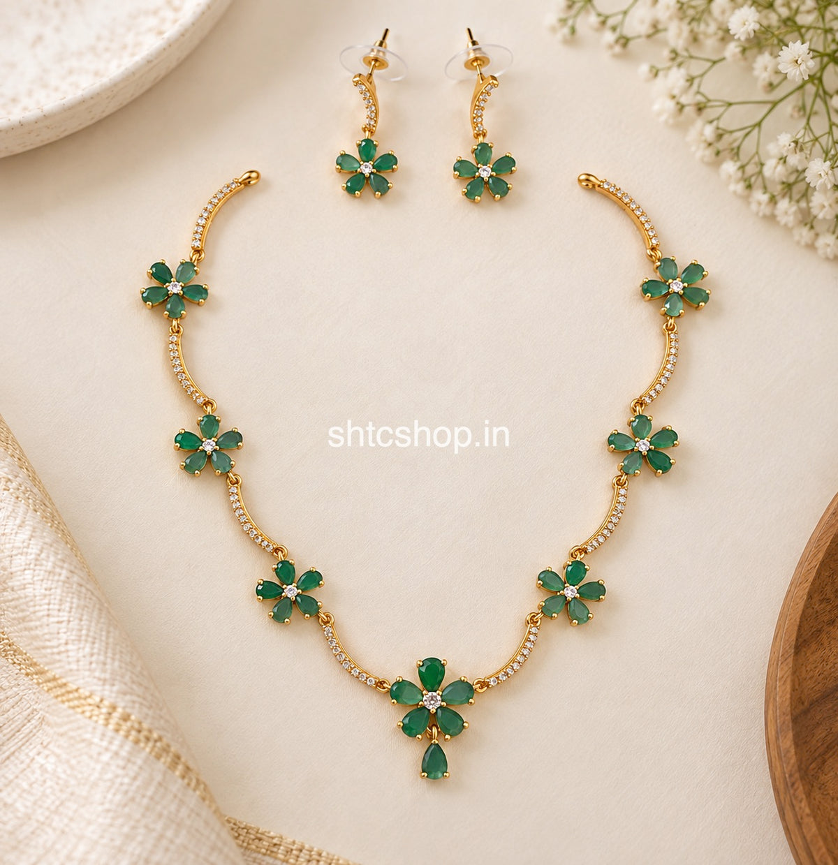 Premium Matte Finish Floral CZ Necklace Set with Matching Earrings – Multicolour Variants - SHTC1926