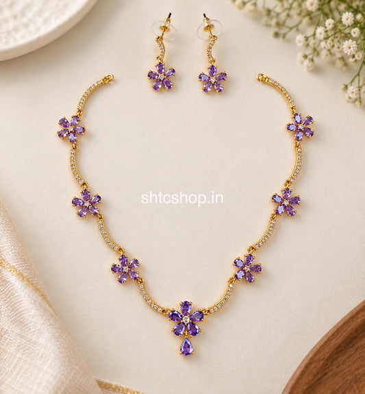 Premium Matte Finish Floral CZ Necklace Set with Matching Earrings – Multicolour Variants - SHTC1926
