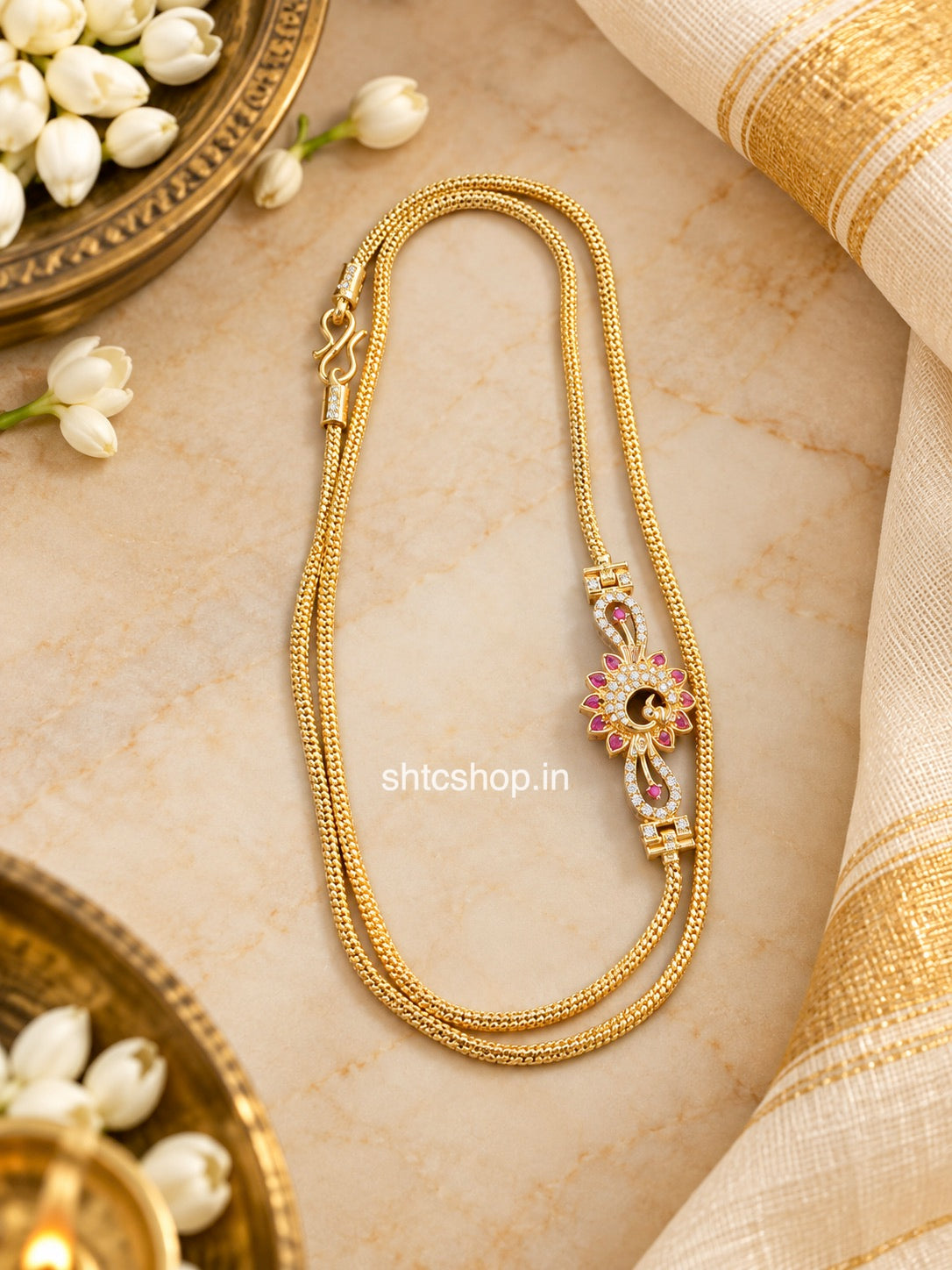 24 Inches 1GM Gold Polished Mugappu Chain | Premium Traditional (Pink & White) - SHTC1928