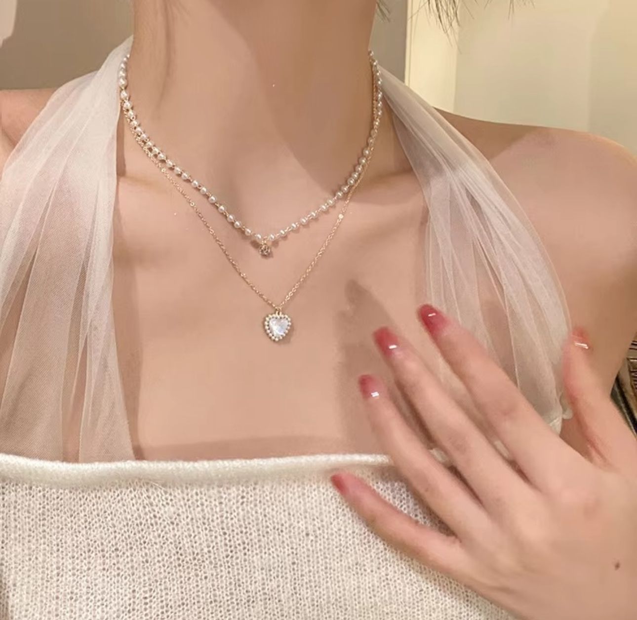 Double Layer Pearl Chain Heart Necklace - KE192