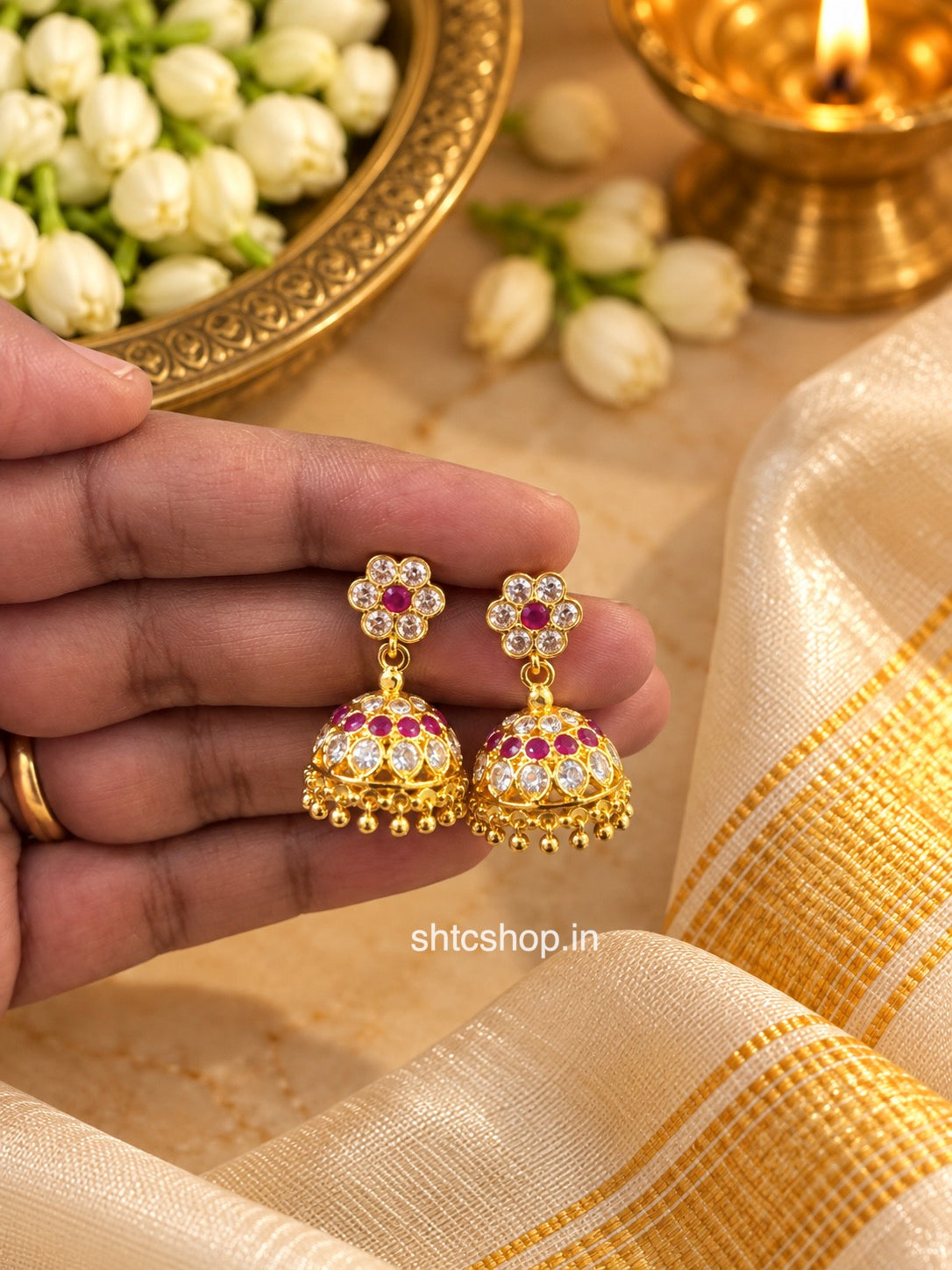 1GM Gold Polished Ruby & AD Stone Jhumka Earrings | Traditional Design - SHTC1931
