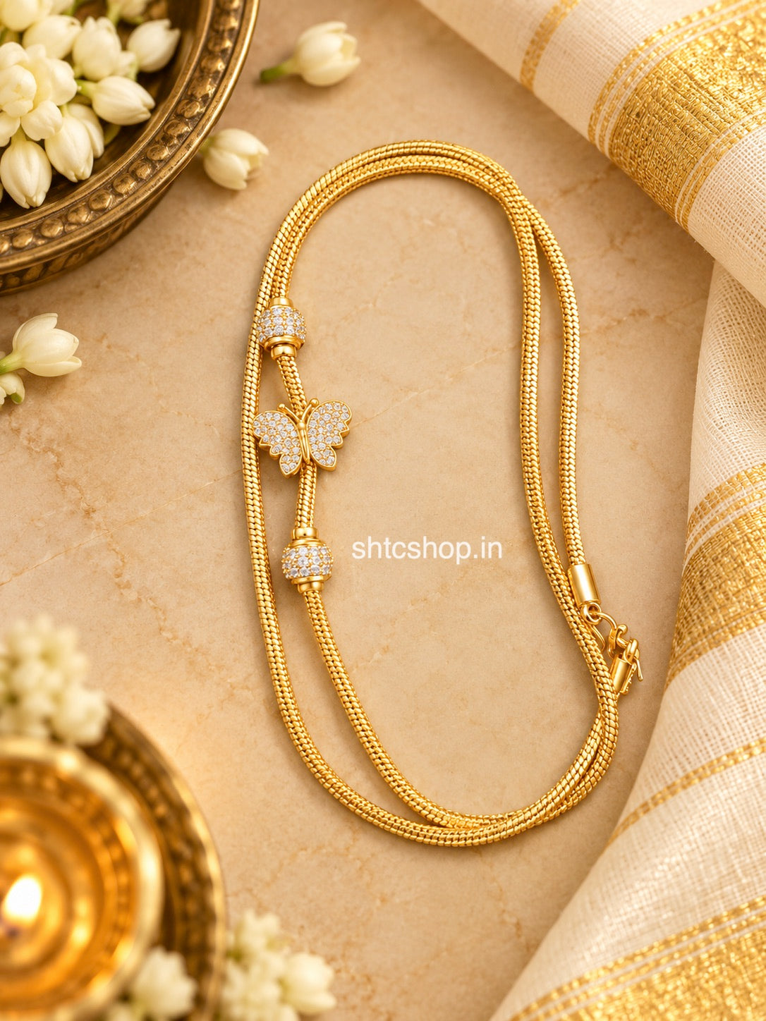 24 Inches 1GM Gold Polished Butterfly Mugappu Chain | Premium Stone Work - SHTC1932