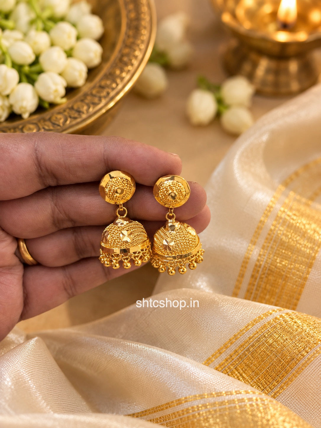 1GM Gold Polished Traditional Dome Jhumka Earrings | Plain Gold Finish - SHTC1933