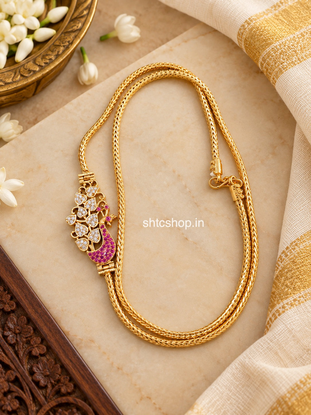 24 Inches 1GM Gold Polished Peacock Pendant Mugappu Chain with Pink Stones - SHTC1936
