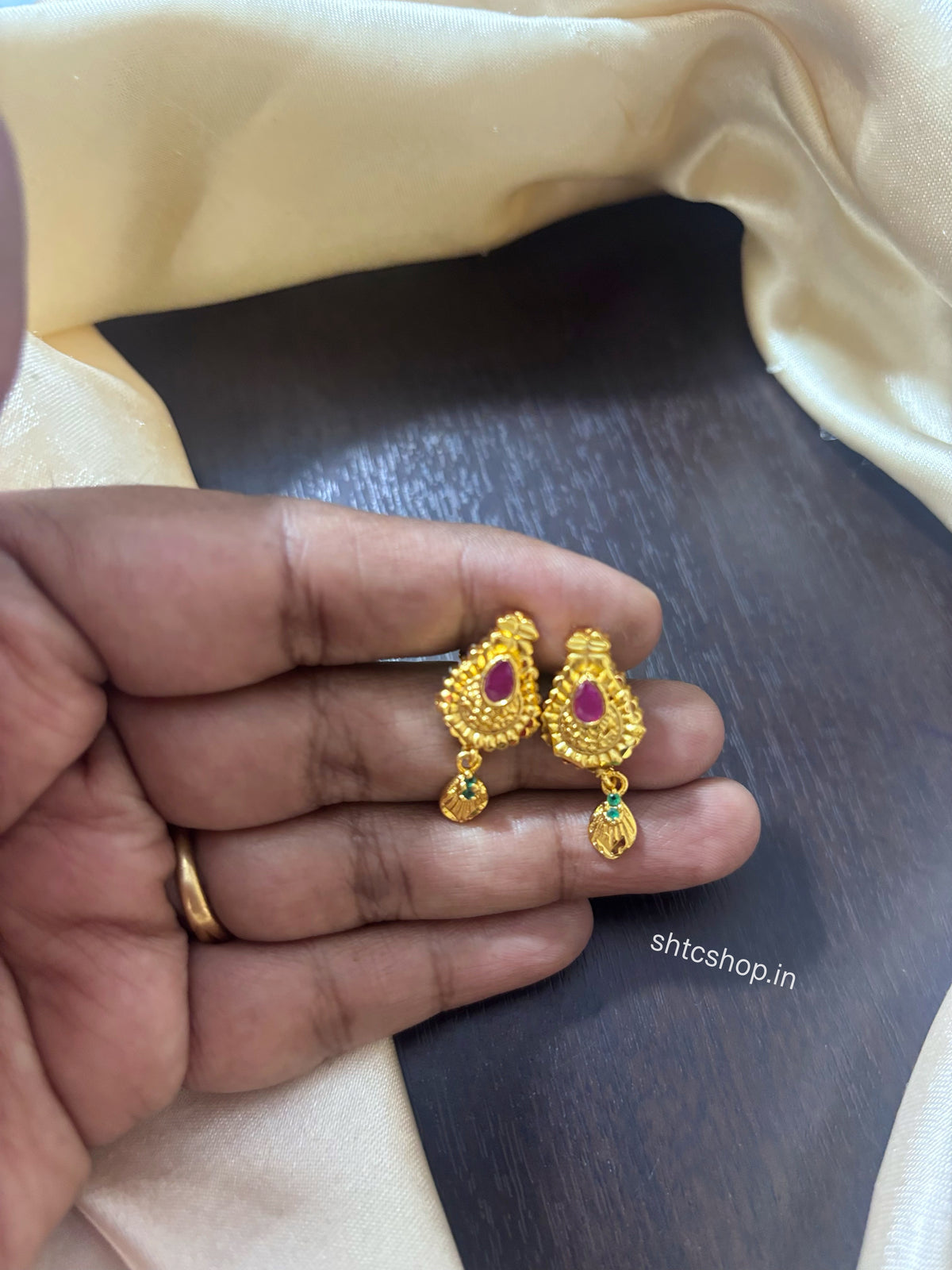 1GM Gold Polished Ruby Stone Earrings with Gold Drop | Back Screw Type - SHTC1937