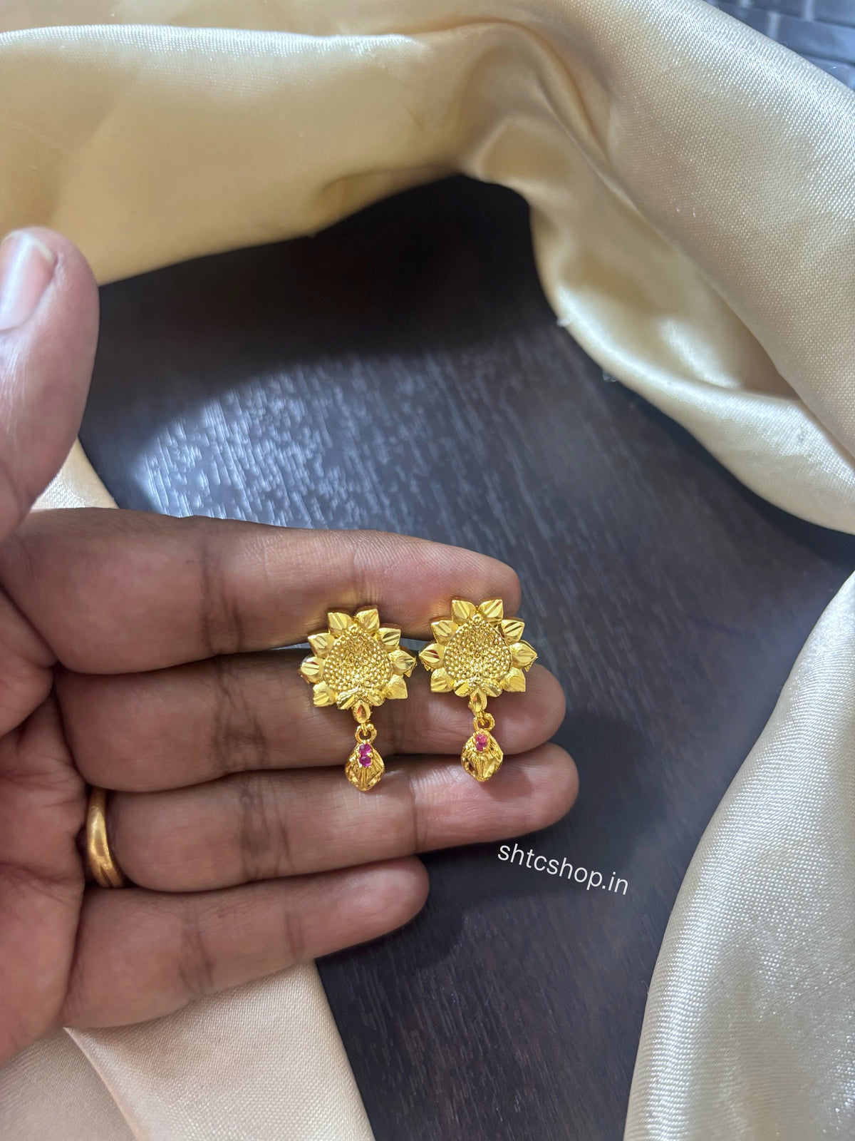 1GM Gold Polished Ruby Stone Earrings with Gold Drop | Back Screw Type - SHTC1938