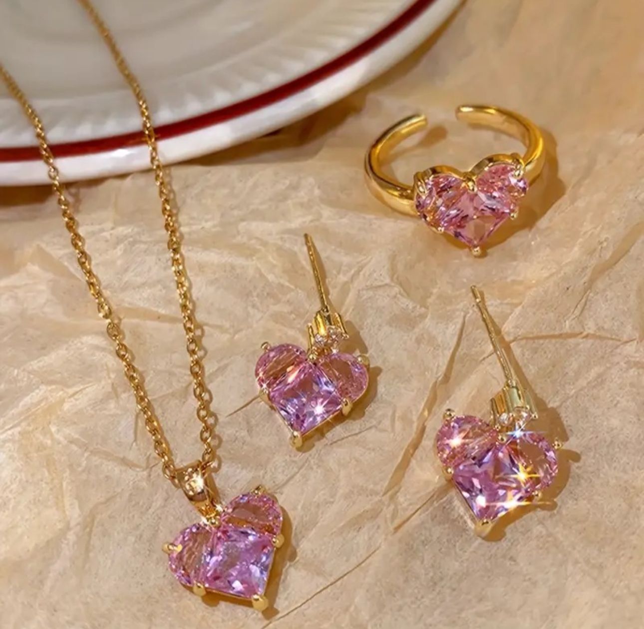 Pink Crystal Diamond Cut Heart set Combo Set - KE193