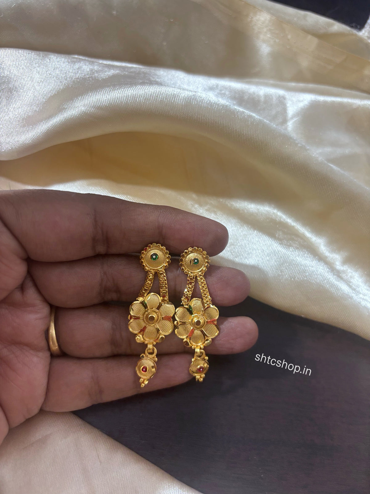 1GM Gold Polished Traditional Floral Earrings with Ruby & Green Enamel | Back Screw Type - SHTC1941