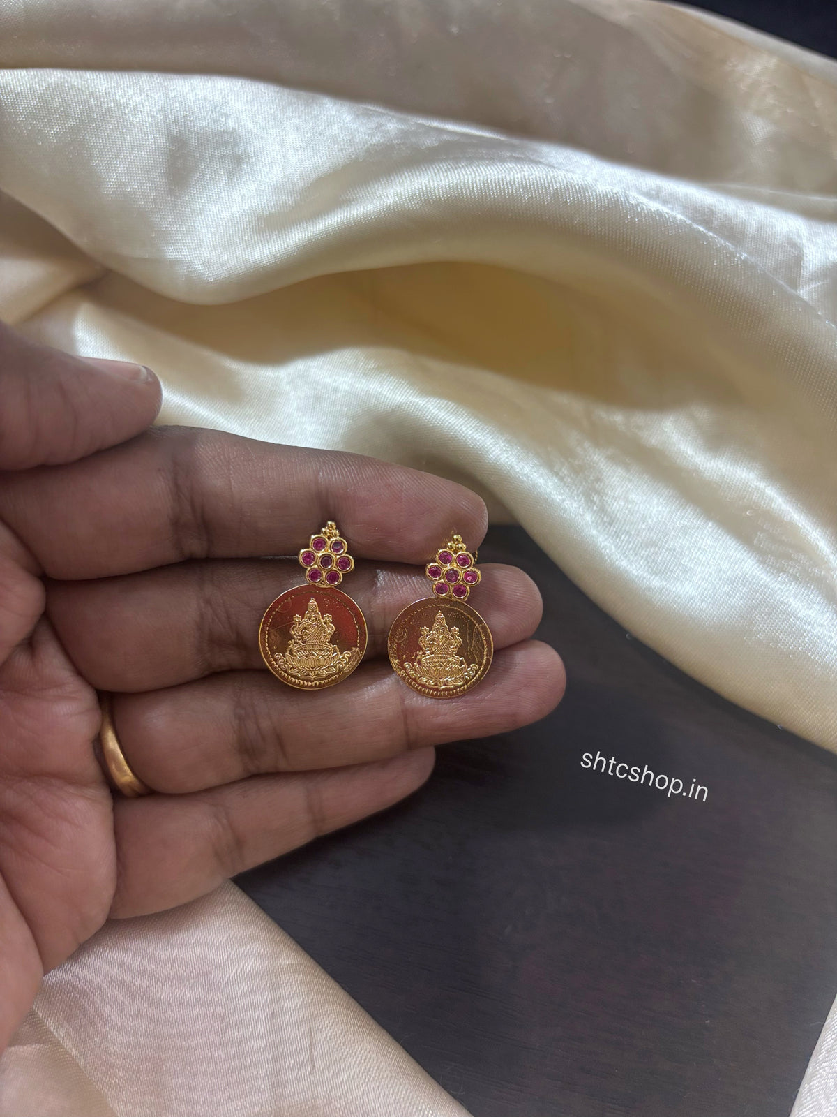 1GM Gold Polished Lakshmi Coin Earrings with Ruby Stones | Back Screw Type - SHTC1946