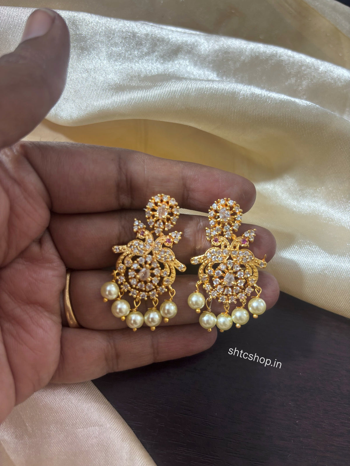 1GM Gold Polished Peacock Chandbali Earrings with Pearl Drops | Back Screw Type - SHTC1947