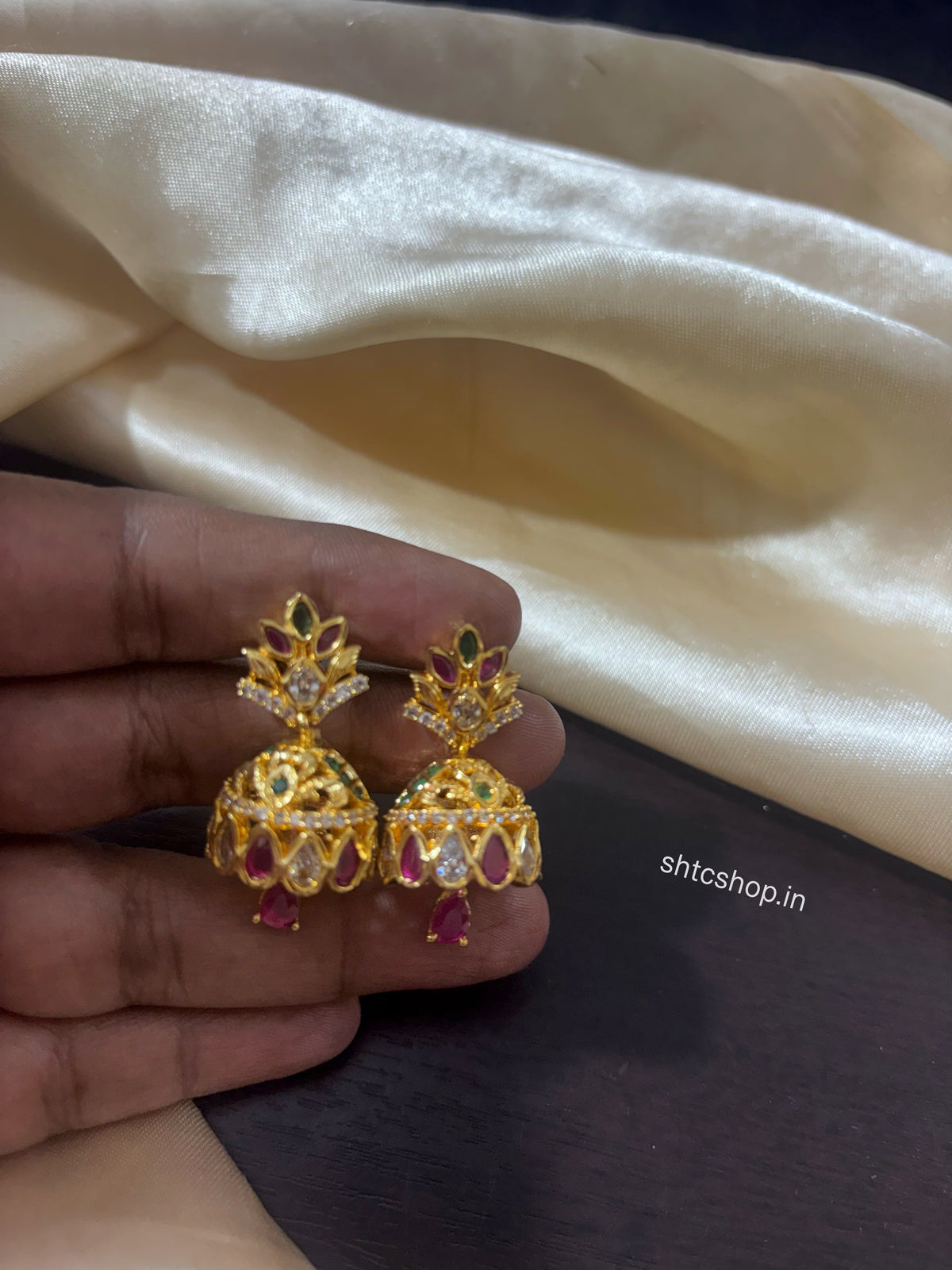 1GM Gold Polished Ruby & Green Stone Jhumka Earrings | Back Screw Type - SHTC1949