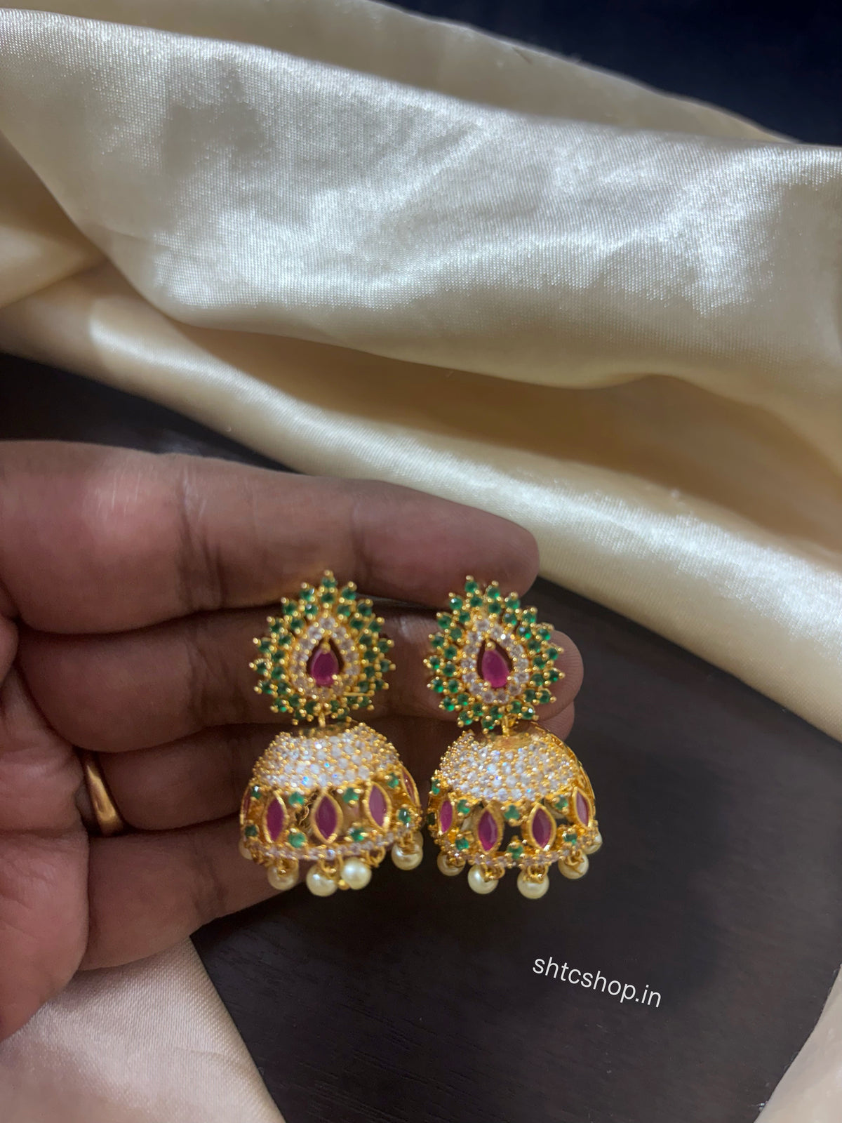 Gold Polished AD Jhumka Earrings with Ruby & Green Stones | Back Screw Type - SHTC1952