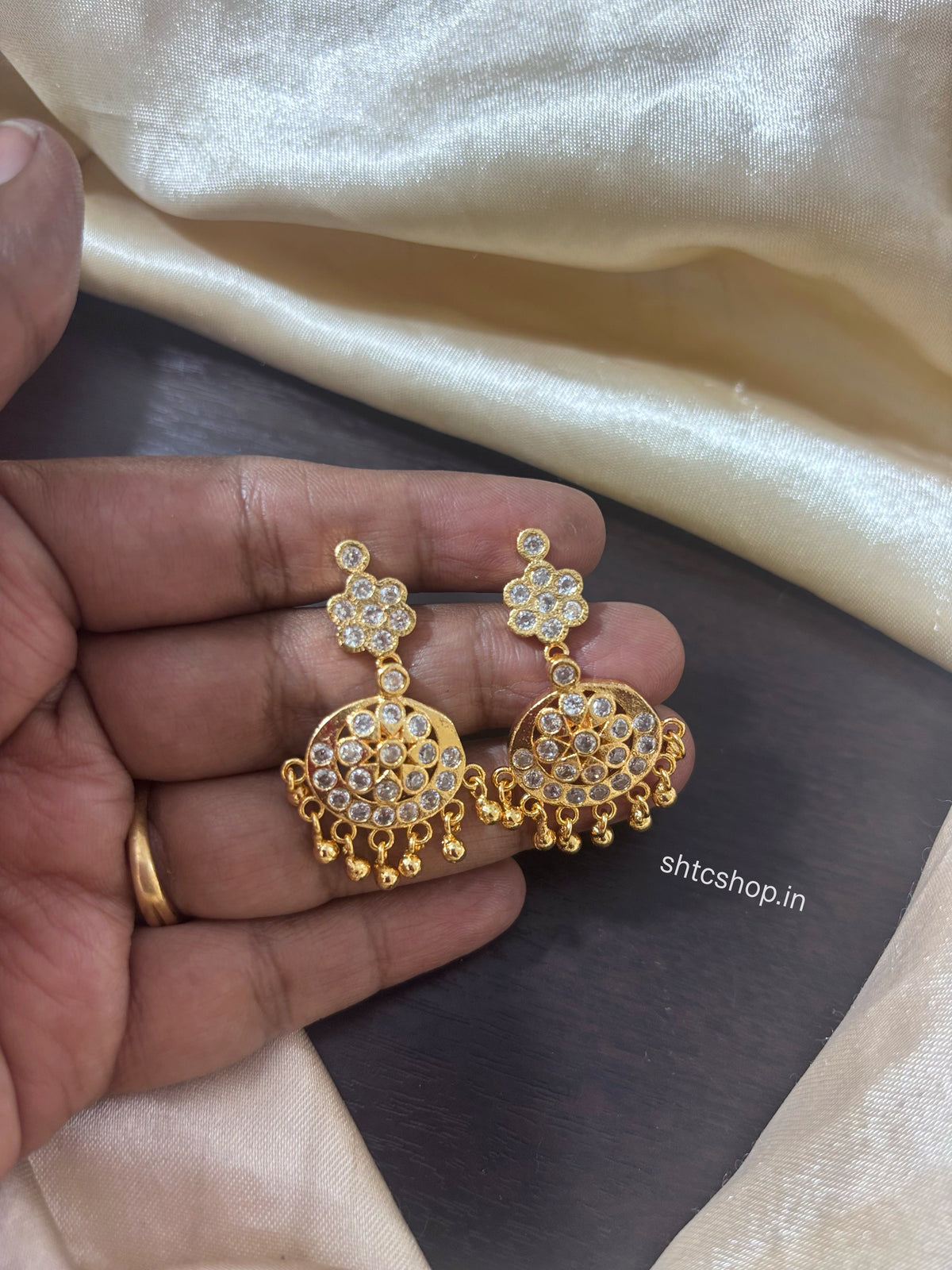 1GM Gold Polished AD Stone Chandbali Earrings | Back Screw Type - SHTC1953