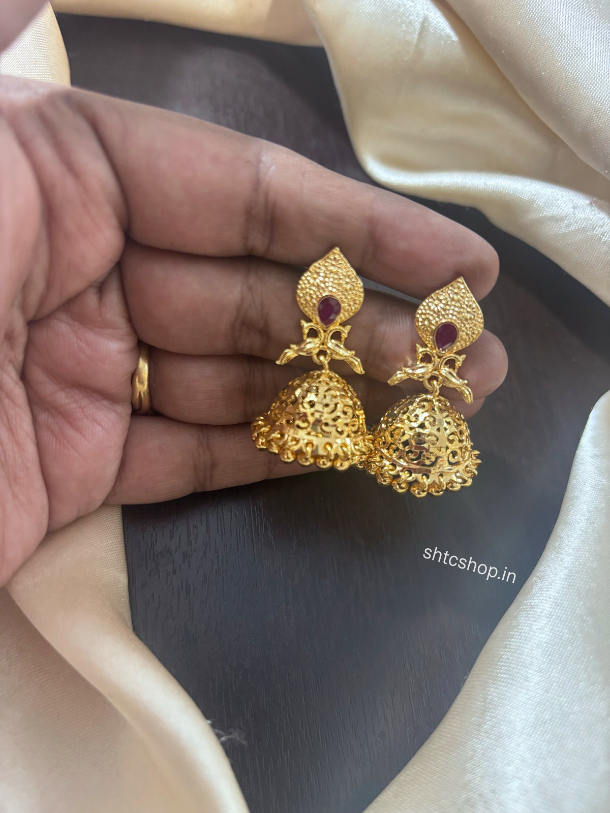 1GM Gold Polished Ruby Stone Jhumka Earrings | Back Screw Type - SHTC1956