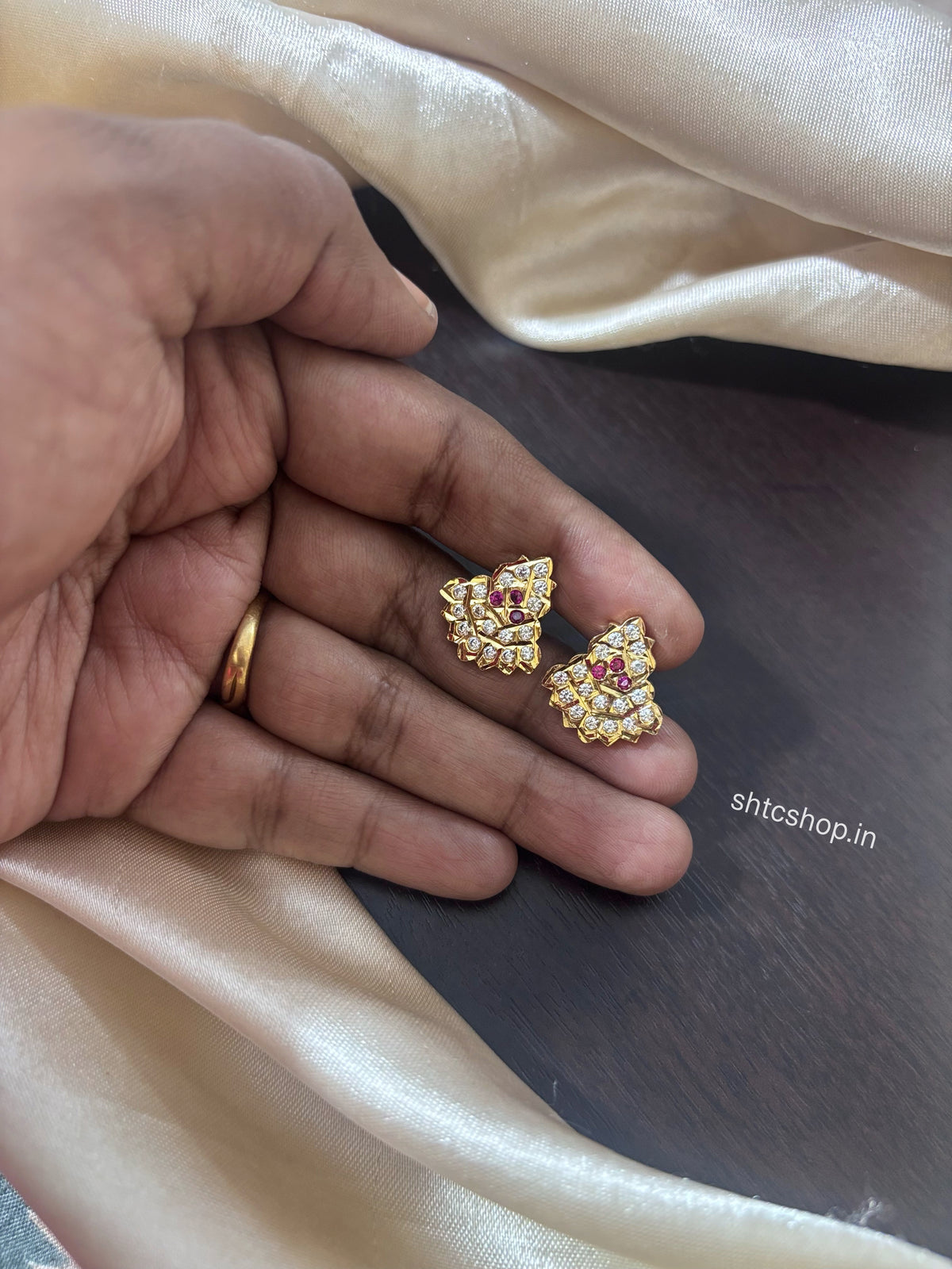 Impon / Five Metal Gold Polished AD & Ruby Stone Stud Earrings | Back Screw Type - SHTC1957