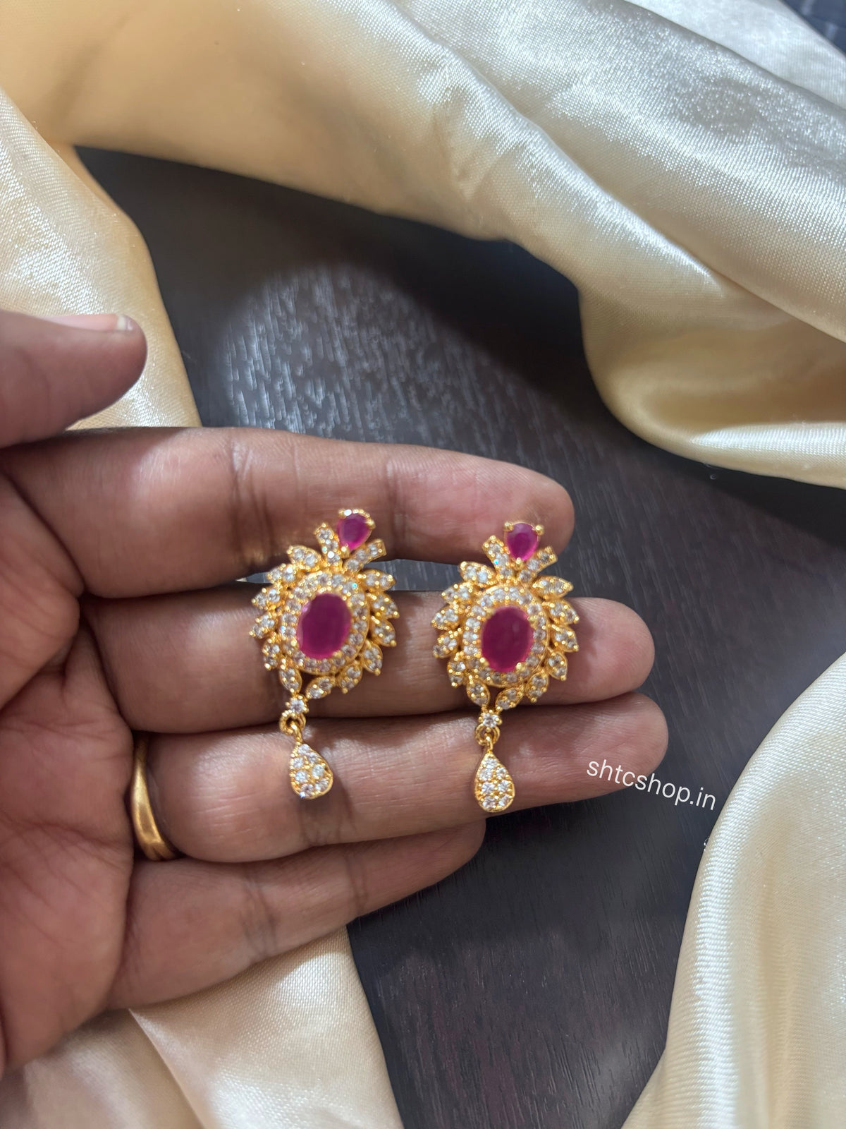 Gold Polished AD Stone Earrings with Ruby Stone | Back Screw Type - SHTC1960