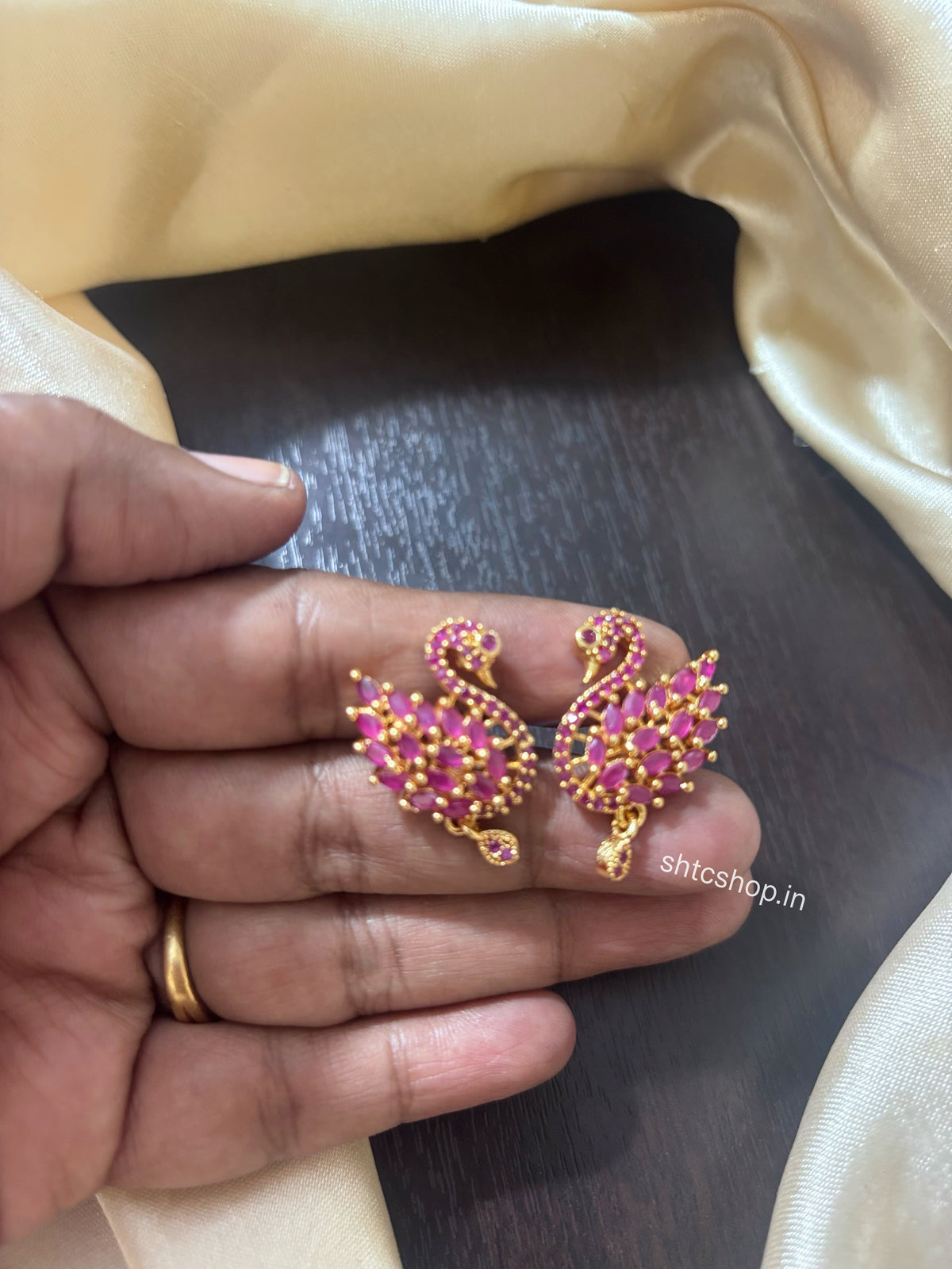Gold Polished Peacock Earrings with AD Stones – 3 Variants | Back Screw - SHTC1962