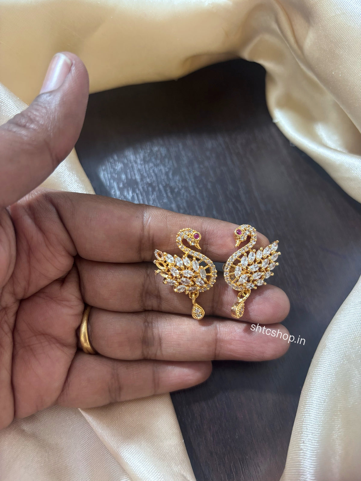 Gold Polished Peacock Earrings with AD Stones – 3 Variants | Back Screw - SHTC1962