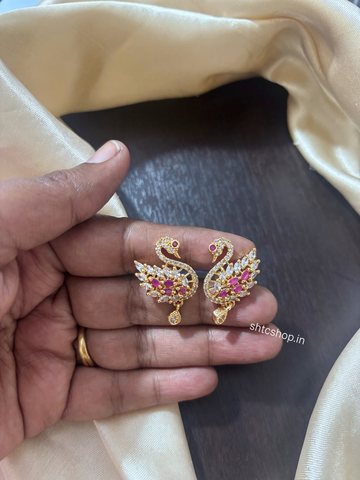 Gold Polished Peacock Earrings with AD Stones – 3 Variants | Back Screw - SHTC1962