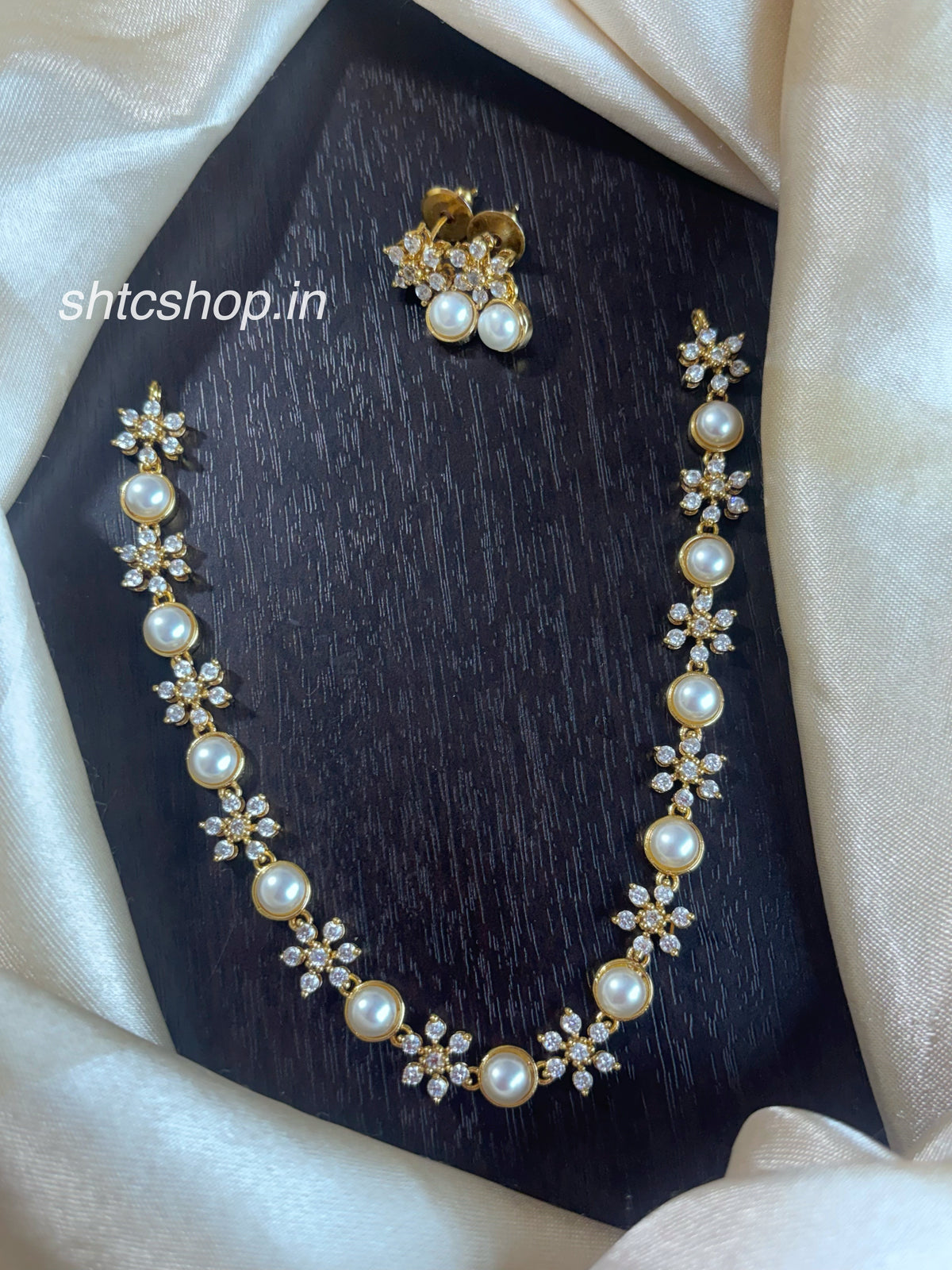 Matte Finish AD Stone Necklace Set with Pearl Beads and Matching Earrings - SHTC1965