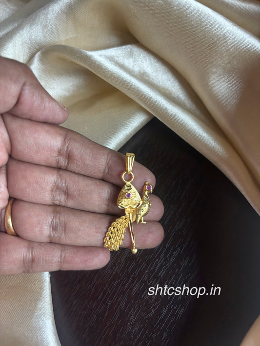 1 Gram Gold Polished Lord Murugan Vel and Peacock Pendant with Ruby Stones - SHTC1969