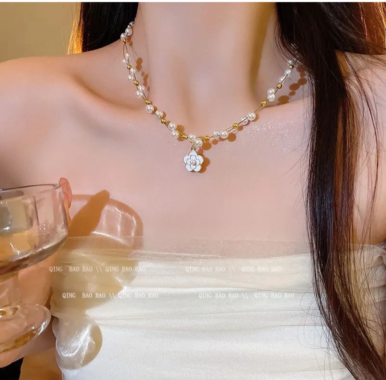 French Style Pearl Camellia Necklace - KE197