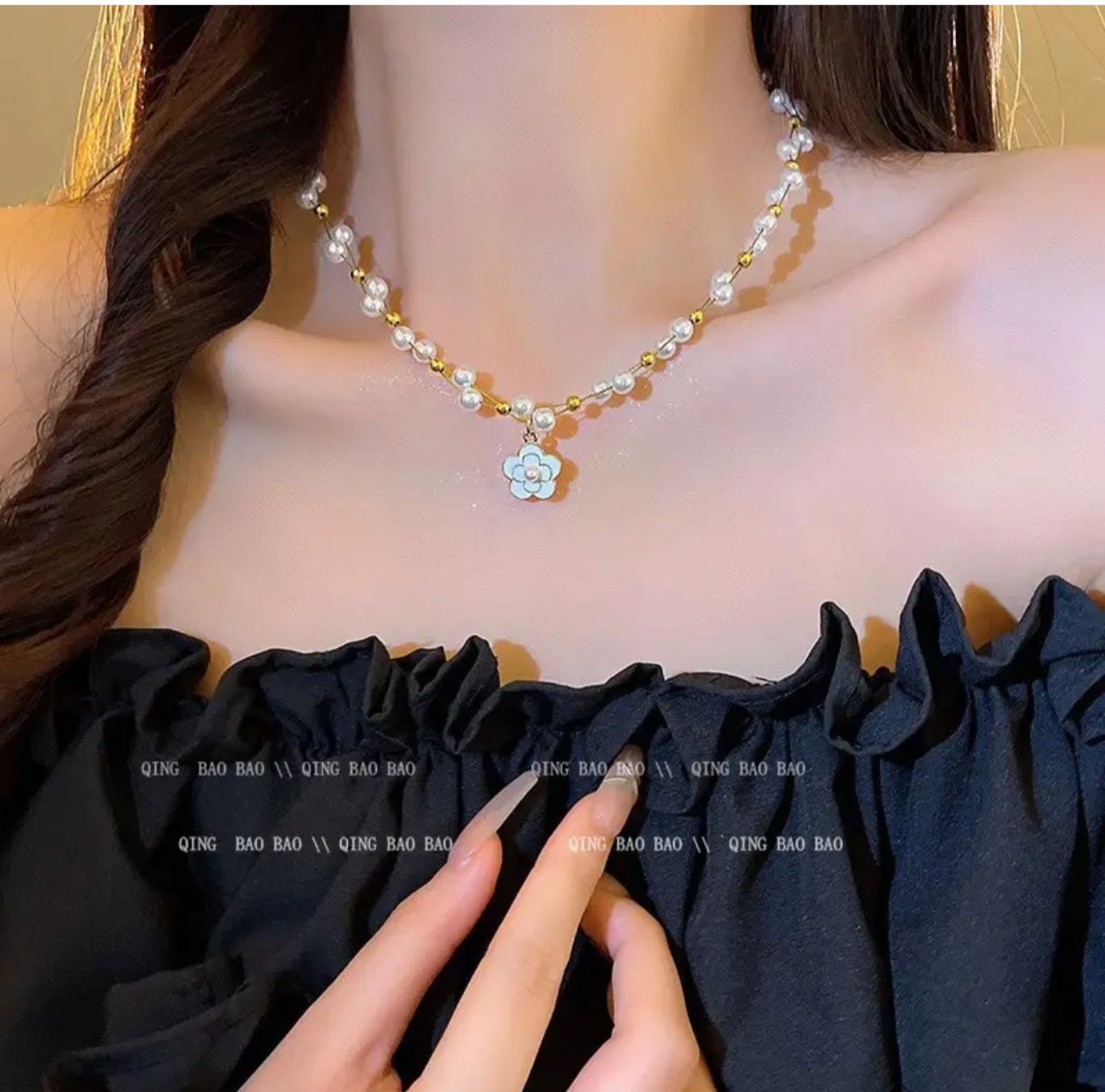 French Style Pearl Camellia Necklace - KE197