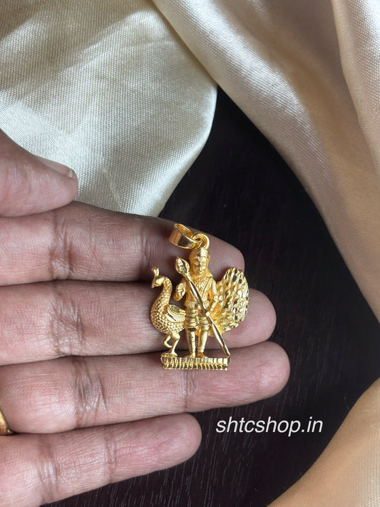 1 Gram Gold Polished Lord Murugan Pendant with Peacock | Traditional Murugan Jewellery (Big Size) - SHTC1981