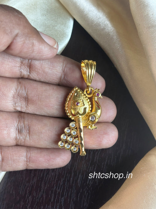 1 Gram Gold Polished Lord Murugan Vel and Peacock Pendant with AD Stones - SHTC1974