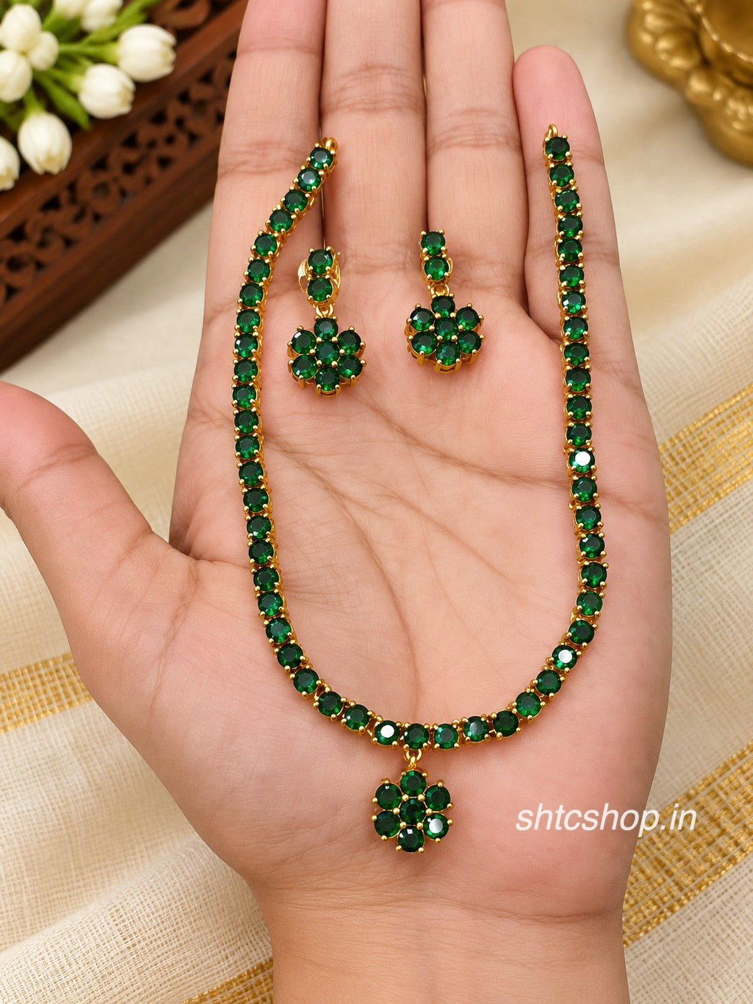 Multicolour Stone Floral Pendant Necklace Set with Matching Earrings – Available in 5 Colours - SHTC1985