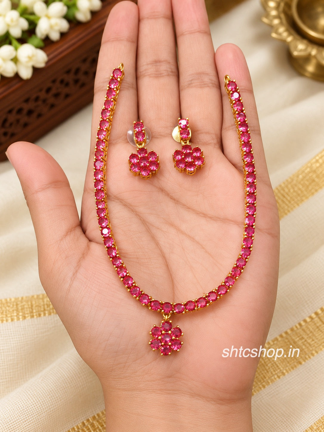 Multicolour Stone Floral Pendant Necklace Set with Matching Earrings – Available in 5 Colours - SHTC1985