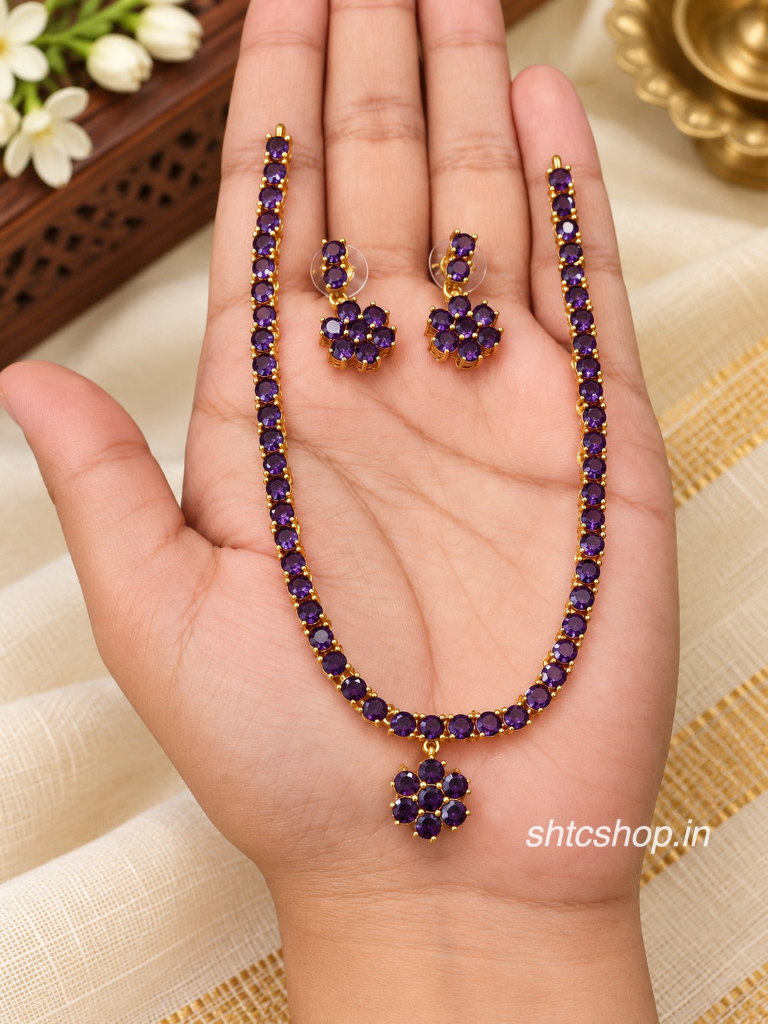 Multicolour Stone Floral Pendant Necklace Set with Matching Earrings – Available in 5 Colours - SHTC1985