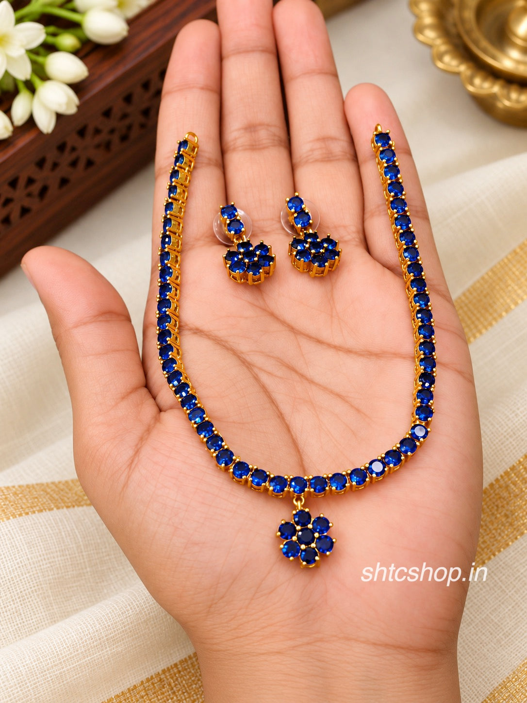 Multicolour Stone Floral Pendant Necklace Set with Matching Earrings – Available in 5 Colours - SHTC1985