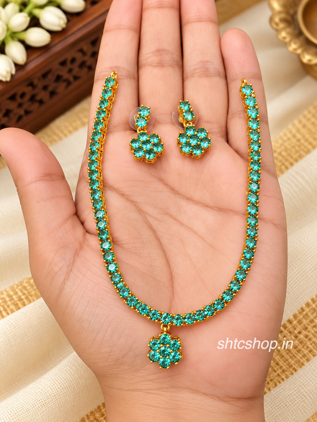 Multicolour Stone Floral Pendant Necklace Set with Matching Earrings – Available in 5 Colours - SHTC1985