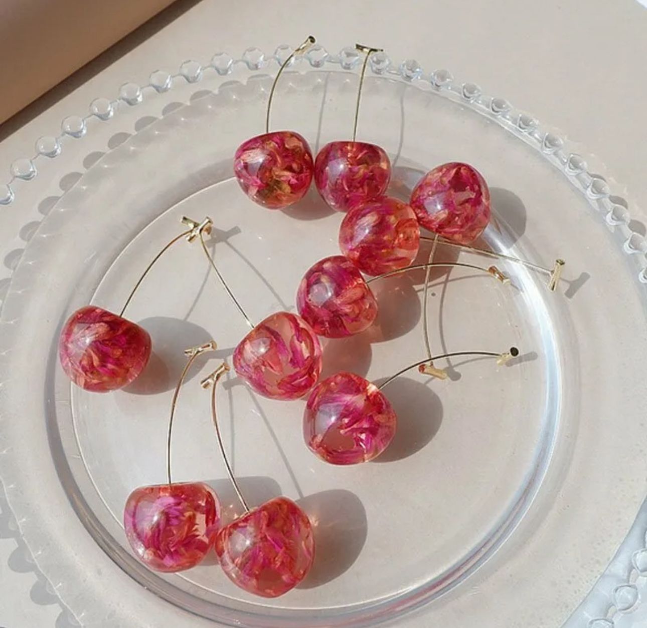 Rose Petals Resin Art Cherry Earrings - KE199