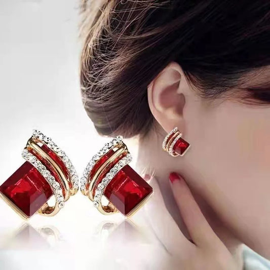 Crystal Rhombus Wings Diamond Earrings - Red - KE513