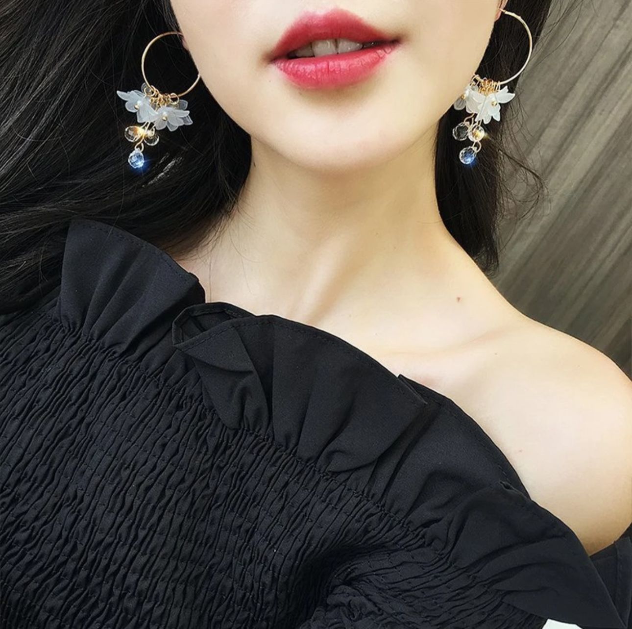 Korean Flower Drop Hoop Earrings - KE200