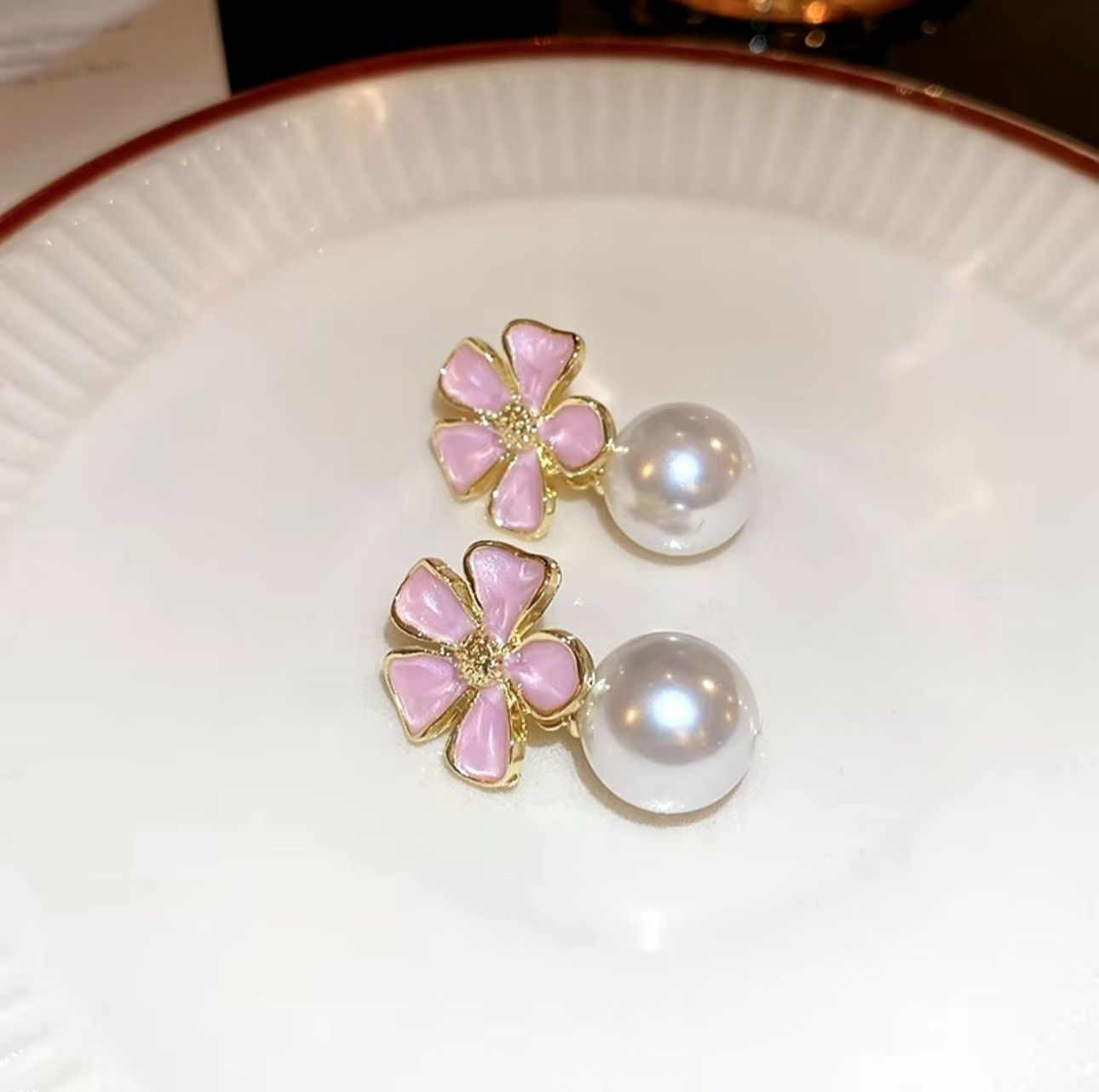 Pink Enamel Petal Flower Earrings - KE206