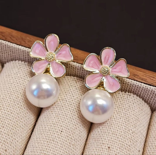 Pink Enamel Petal Flower Earrings - KE206