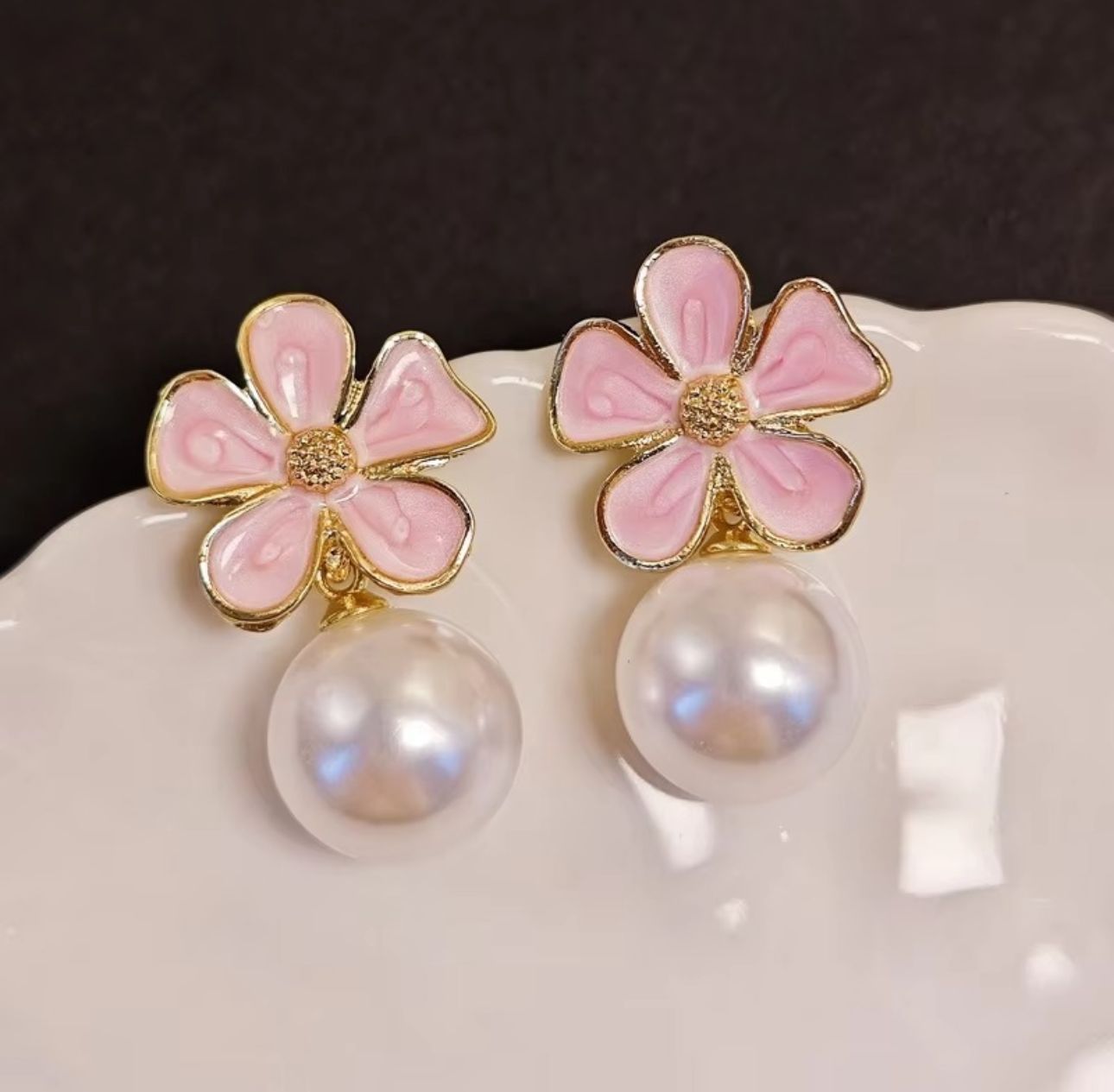 Pink Enamel Petal Flower Earrings - KE206