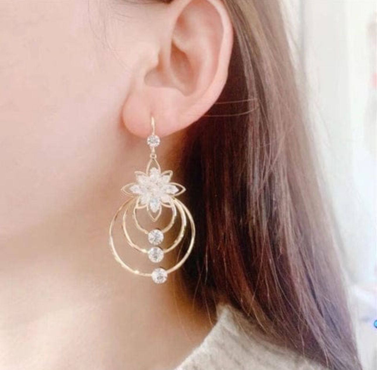 Crystal Lotus Hoop Earrings - KE216