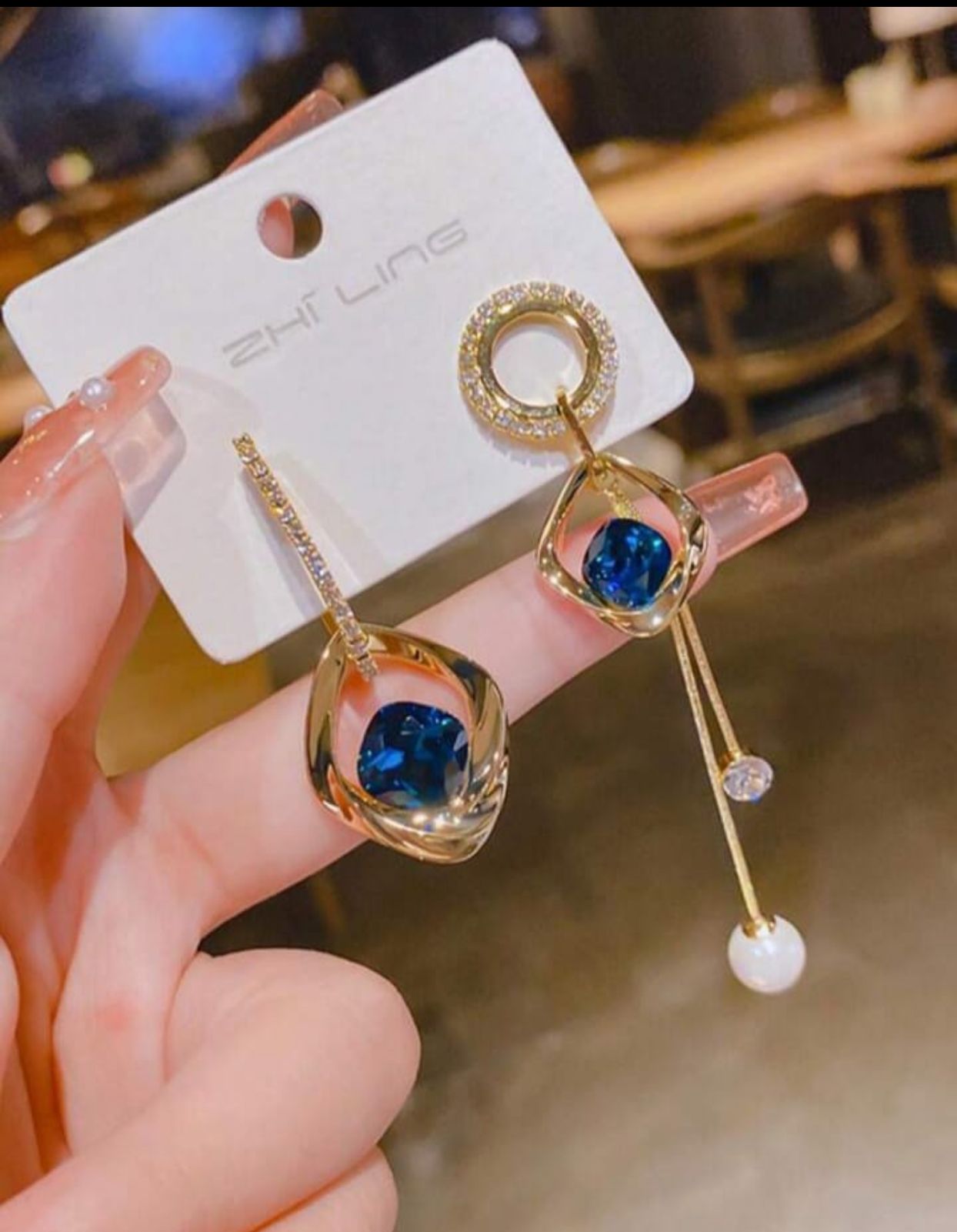 Blue Crystal drop Korean Earrings - KE219