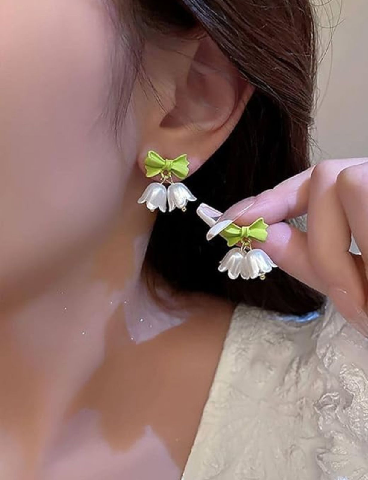 Cute Bow & Lily Drop Stud - KE229